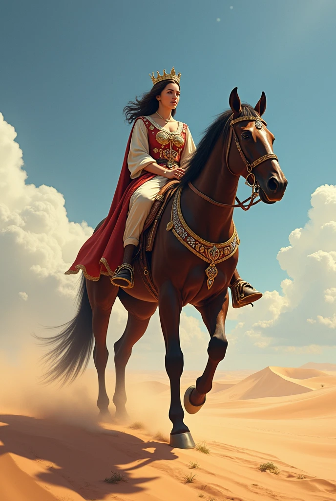 Realistic image of a king and queen rinding ona big horse and queen sitting back and holding tight to kings back on a vast desert area far away from kingdom 