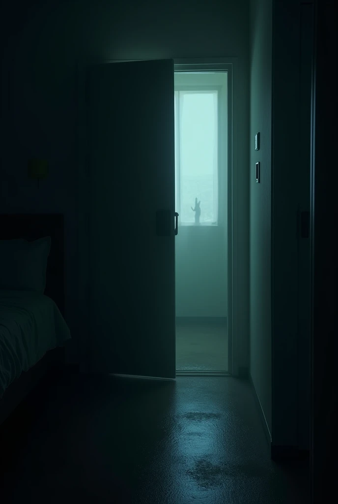 The hotel room door was slightly closed and creepy