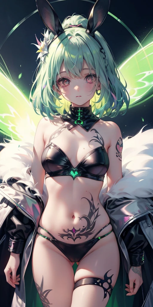 Rabbit technique , sci-fy, Fluffy , 
1girll, Tattoos, Glowing tattoos, Glowing eyes, Colorful glowing hair , （full bodyesbian）, Green hair,Open navel
  Kavitek, Pastel colors, kawaii, cutecolors,