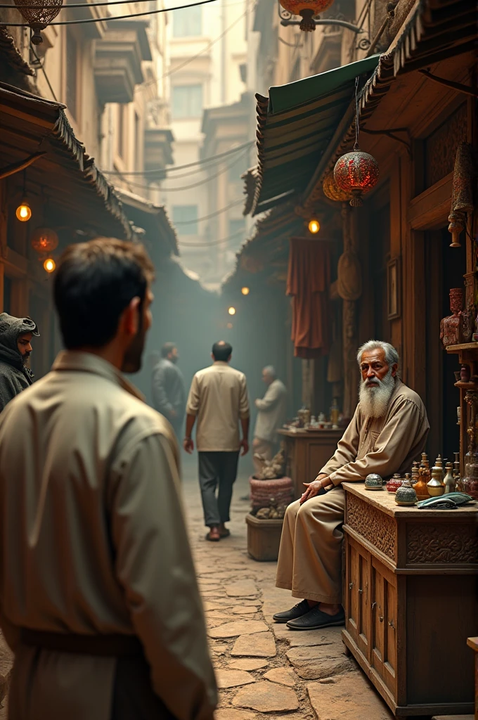 Imran Khan is in an ancient market with old shops on both sides. Inside one of the shops, an elderly shopkeeper with a white beard and wise eyes is sitting.