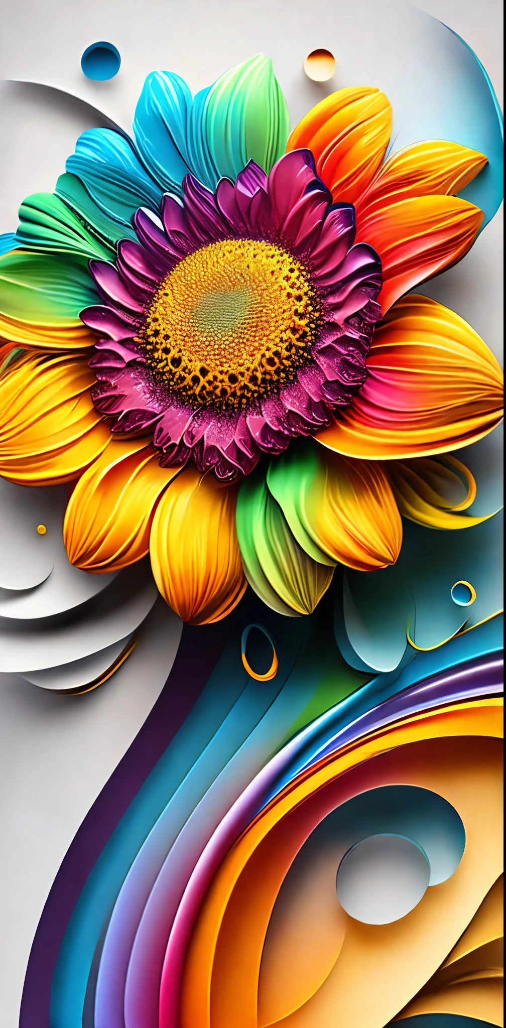 3abstract rainbow sunflower flower, wallpaper, emboss design style, splash water, colorful, intricate,