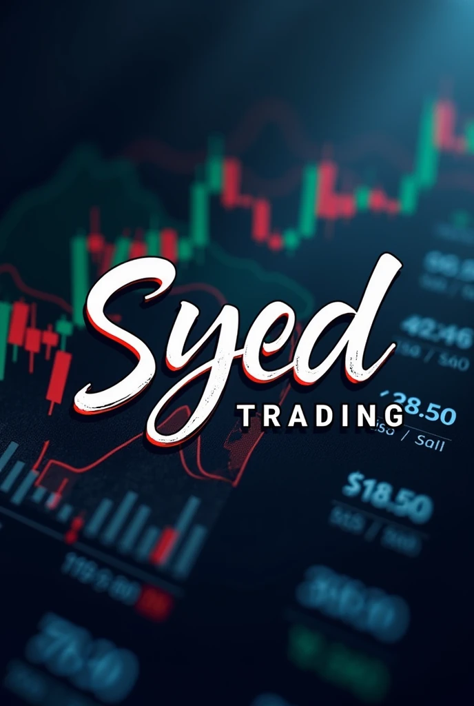 A stylish name on the card " syed trading " with candle stick and share market analytics