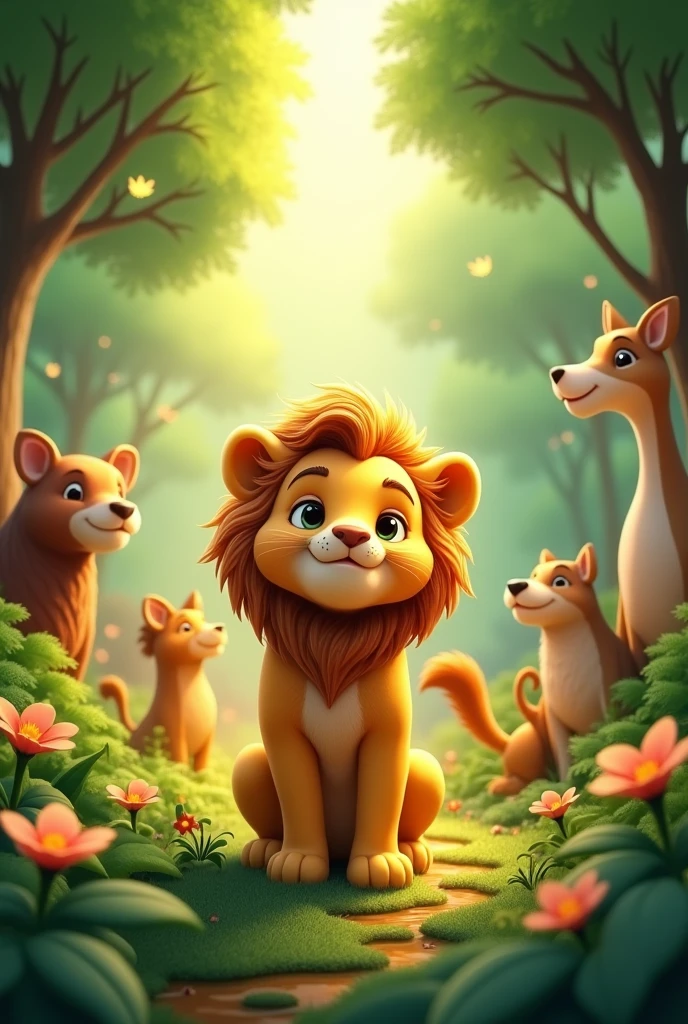 The forest full of harmony and happiness with all the animals gathered together Leo a small lion with a golden mane 3D ideal for a children's story