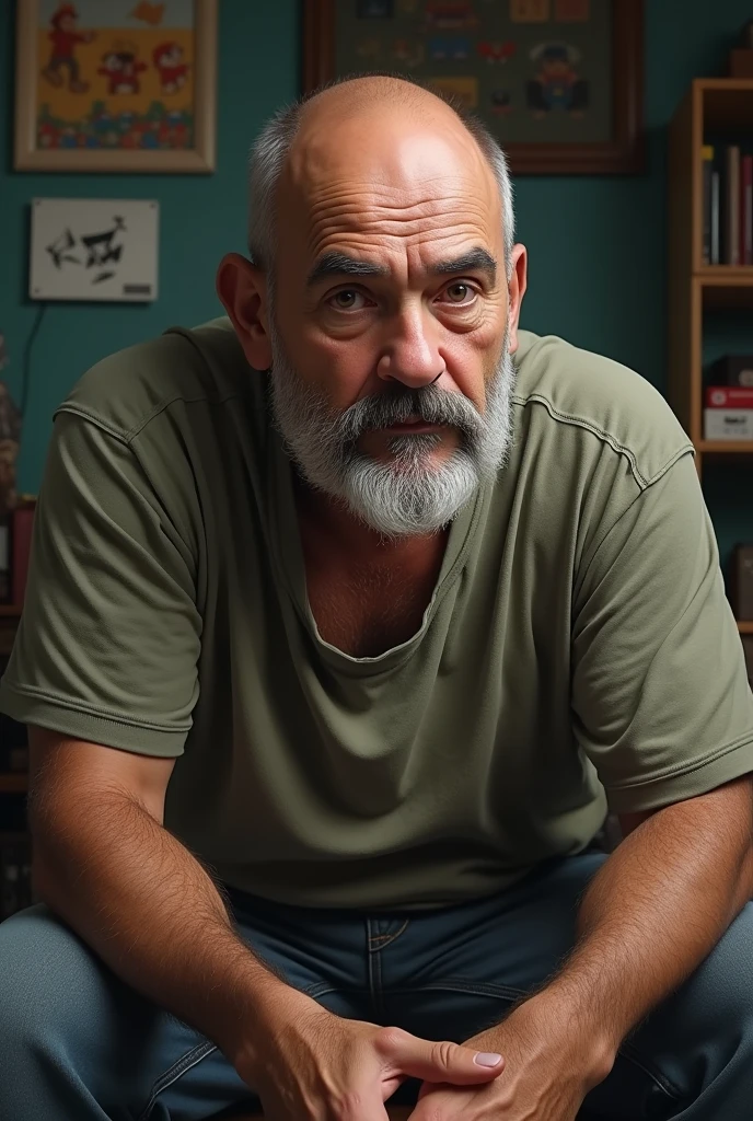40 year old man,brown in color, Scrawny, calvo, with unshaven beard, with a round face and short shoulders, and a Nintendo fanatic who lives in a small room, and Youtuber and lives off virtual alms, and carioca
