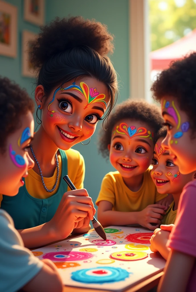 Woman painting faces of happy children