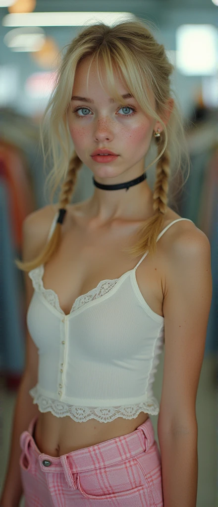 nude 1girl, sexy girl, pigtails, cute face, gorgeous, cute, pretty, pretty face, pale skin, freckles, blond hair, blue eyes, full shiny lips, big lips, thick lips, parted lips, light pink lipgloss, mascara, skinny thighs, body, , skinny, flat chest, ((skinny anorexic body)), (body heigth:140cm), big head, innocent look, young face, pink long nails, choker, hd feet and heels, large hoop earrings pink plaid micro skirt, off shoulders white tank top, white frilly tight high stockings, black patent high heels, sweaty, working at a clothing store, perfect eyes, highly detailed beautiful expressive eyes, detailed eyes, 35mm photograph, film, bokeh, professional, 4k, highly detailed dynamic lighting, photorealistic, 8k, raw, rich, intricate details,