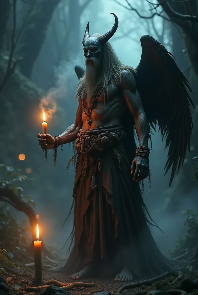 The shaman has three arms and a wing from behind his shoulder, his breath lights a candle