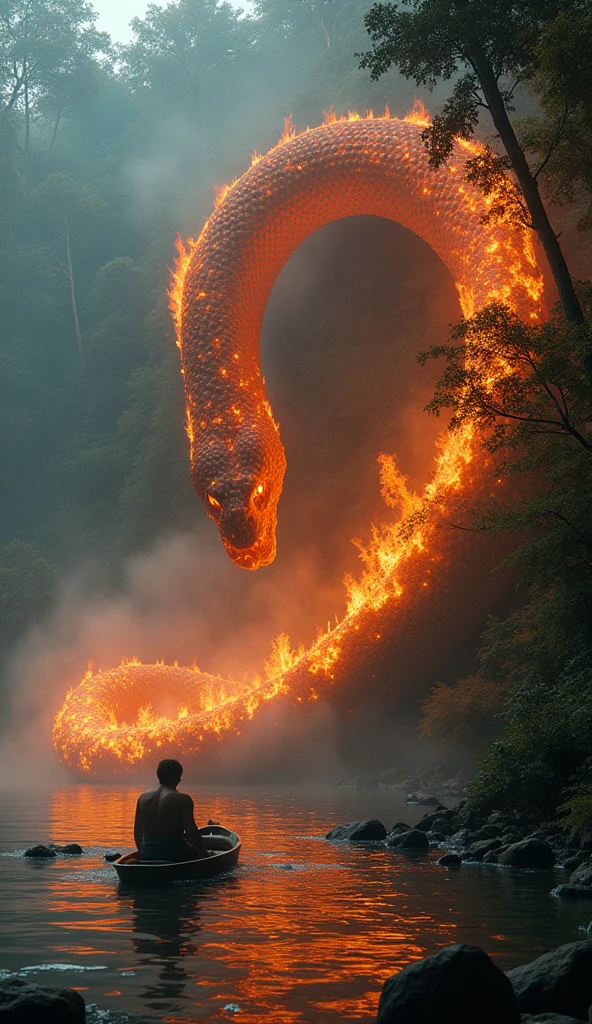 scene with the creature from Brazilian folklore, Boitat. o Boitat é uma serpente de fogo gigante que tem vários olhos espalhados pelo corpo. na cena o Boitat deve estar na beira do rio. atras do Boitat deve ter uma floresta e na frente dele, no lago deve ter uma canoa pequena com um homem assustado proporcionalmente menor que o Boitat caído dentro da canoa.