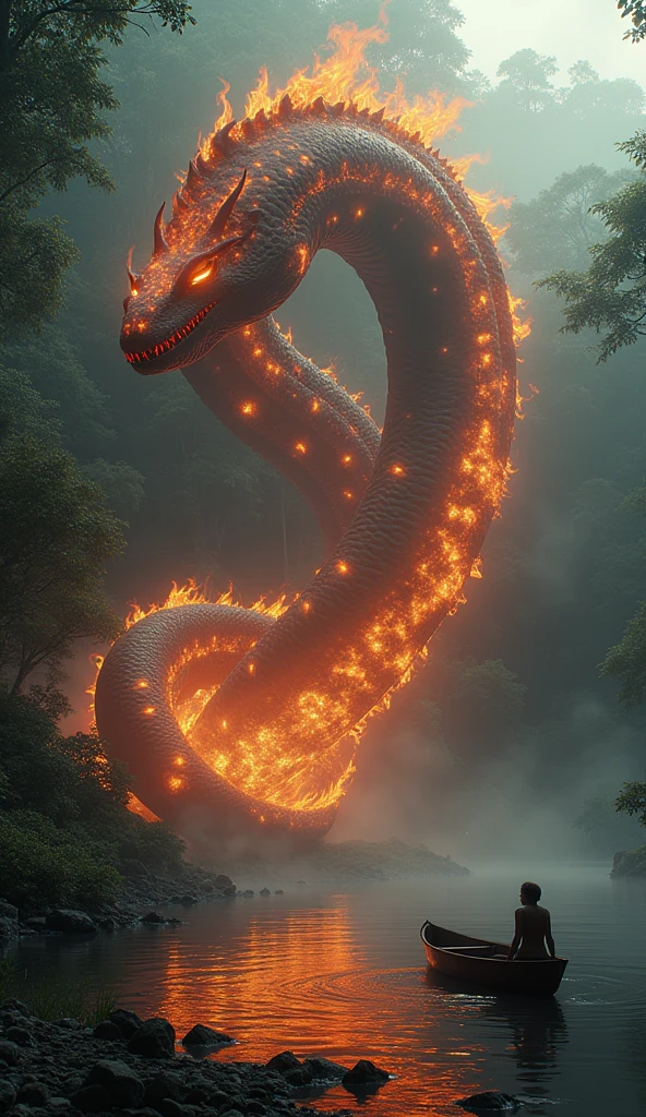 scene with the creature from Brazilian folklore, Boitat. o Boitat é uma serpente de fogo gigante que tem vários olhos espalhados pelo corpo. na cena o Boitat deve estar na beira do rio. atras do Boitat deve ter uma floresta e na frente dele, no lago deve ter uma canoa pequena com um homem assustado proporcionalmente menor que o Boitat caído dentro da canoa.