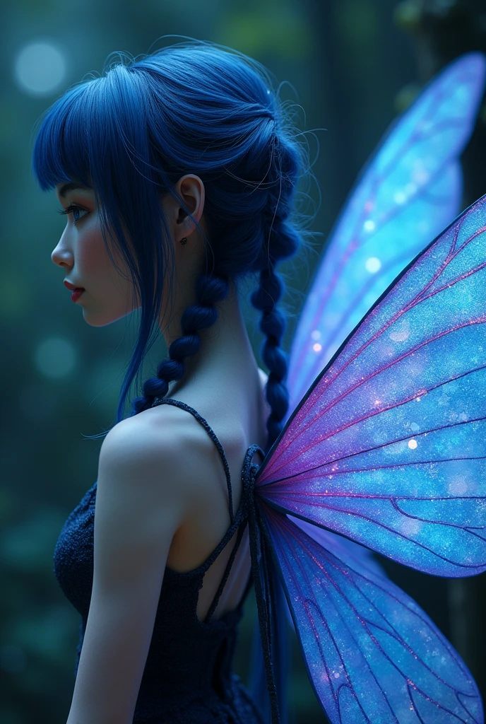 Real fairy with beautiful blue and purple ,pink wings with glitter,Musa a beautiful fairy, Tecna is fairy Musa has a light, almost pale skin tone, dark blue hair and thin dark blue eyes. While initially kept in short pigtails, Musa has let her hair grow out from Season 3 onwards thanks to a spell that lengthened it down to her waist, and has since styled it in many other ways, especially in comparison to the other Winx girls. but make it 1980 dark fantasy movie scene