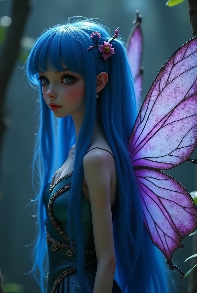 Real fairy with beautiful blue and purple ,pink wings with glitter,Musa a beautiful fairy, Tecna is fairy Musa has a light, almost pale skin tone, dark blue hair and thin dark blue eyes. While initially kept in short pigtails, Musa has let her hair grow out from Season 3 onwards thanks to a spell that lengthened it down to her waist, and has since styled it in many other ways, especially in comparison to the other Winx girls. but make it 1980 dark fantasy movie scene