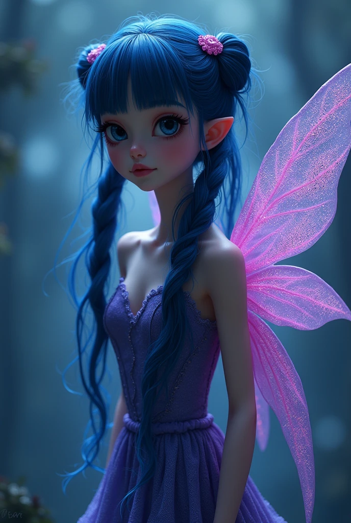 Real fairy with beautiful blue and purple ,pink wings with glitter,Musa a beautiful fairy, Tecna is fairy Musa has a light, almost pale skin tone, dark blue hair and thin dark blue eyes. While initially kept in short pigtails, Musa has let her hair grow out from Season 3 onwards thanks to a spell that lengthened it down to her waist, and has since styled it in many other ways, especially in comparison to the other Winx girls. but make it 1980 dark fantasy movie scene
