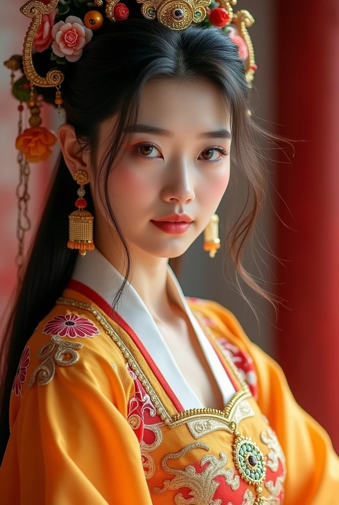 Photo, Realistic, Photoshoot, HD, (Chinese girl), (Chinese model), Upper body, Neatly arranged eyebrows, Rounded chin, Wide forehead, Rounded protrusion, Smooth and beautiful), Legs, (Hanfu), Queen, Cosplay photoshoot, (Beautiful dress), (Bright colors), Looking at viewers