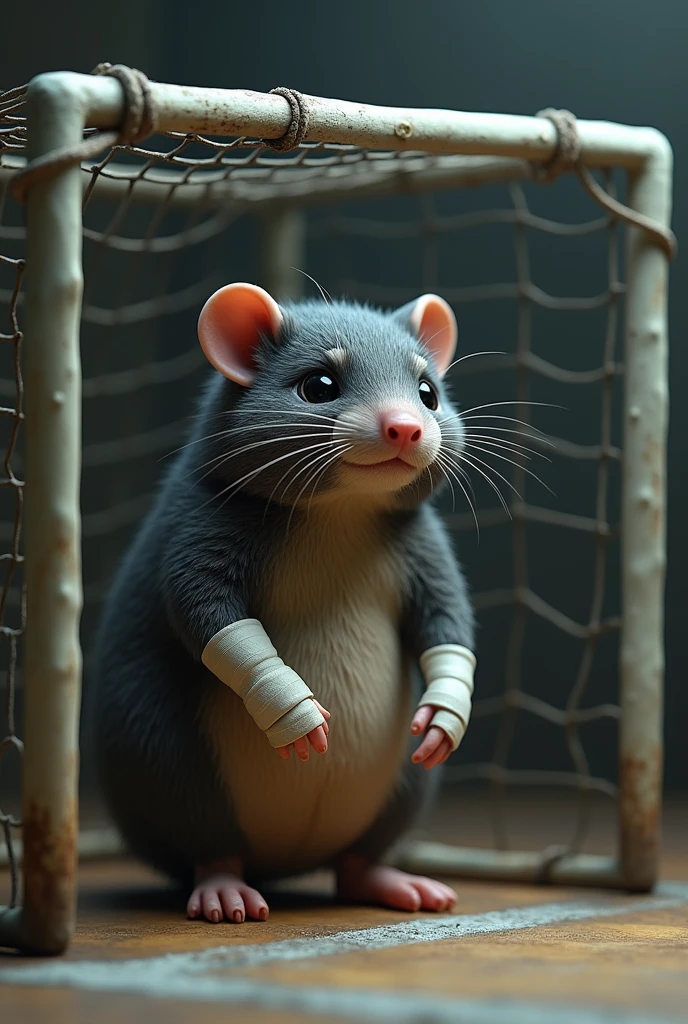 a mole (talpidae) with a broken foot in a cast,very sad inside a futsal goal