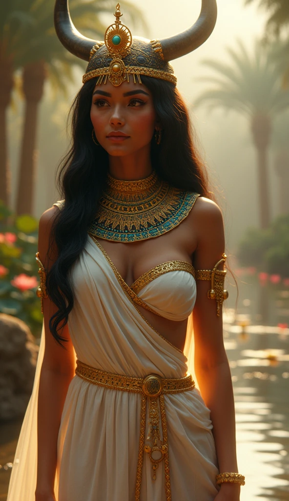 A hyper-realistic portrayal of Hathor, the ancient Egyptian goddess of beauty, love, and joy. She stands gracefully, her figure embodying divine femininity, with a slender yet voluptuous form. her breasts are big and firm.  Her skin is a rich, warm bronze, glowing with a subtle, ethereal light. Hathor's face is serene and captivating, with large almond-shaped eyes that are deep brown and filled with compassion. Her lips are full and slightly curved in a gentle, knowing smile. She wears an elaborate headdress featuring a sun disk encircled by cow horns, symbolizing her role as a sky goddess and mother figure. Her long, dark hair flows freely down her back, adorned with intricate gold and turquoise beads. Hathor is dressed in a flowing, sheer white gown, A hyper-realistic portrayal of Hathor, the ancient Egyptian goddess of beauty, love, and joy. She stands gracefully, her figure embodying divine femininity, with a slender yet voluptuous form. her breasts are large and firm.  Her skin is a rich, warm bronze, glowing with a subtle, ethereal light. Hathor's face is serene and captivating, with large almond-shaped eyes that are deep brown and filled with compassion. Her lips are full and slightly curved in a gentle, knowing smile. She wears an elaborate headdress featuring a sun disk encircled by cow horns, symbolizing her role as a sky goddess and mother figure. Her long, dark hair flows freely down her back, adorned with intricate gold and turquoise beads. Hathor is dressed in a flowi delicately embroidered with gold threads that catch the light, that perfectly shows her figure, subtly showing her most sensual parts. emphasizing her divine status. Around her neck, she wears a broad collar of turquoise, lapis lazuli, and gold, shimmering with each movement. The background is a lush, vibrant landscape of the Nile, with palm trees and lotuses in bloom, symbolizing fertility and life. The entire scene exudes a sense of harmony, joy, and the nurturing presence of Hathor."

