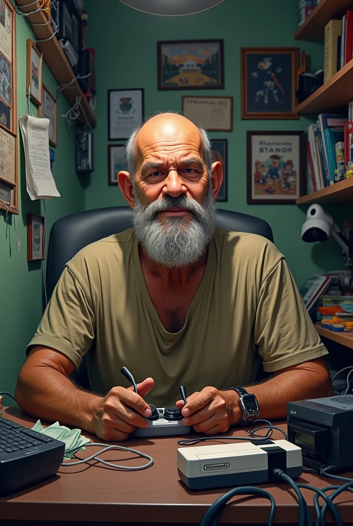 40 year old man, homely,brown in color, Scrawny, calvo, with unshaven beard, with a round face and short shoulders, and a Nintendo fanatic who lives in a small room,  and Youtuber and lives off virtual alms, and carioca