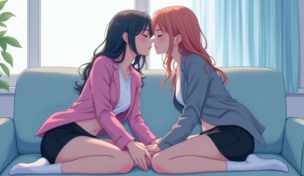 Two girls, long black hairs, yuri, lesbian.
The first girl wear a pink suit jacket, white shirt, black pencil skirt, black underpants, black tights, white socks.
The second girl wore a grey suit jacket, white shirt, black pencil skirt, black underpants, black tights, white socks.
french kiss, lesbian kiss, hugging, sensual body, sitting on the sofa, straddle, insert one hand inside skirt and touch the black underpants, insert finger into pussy, closed eyes, light blue living room, novel cartoon, 4K, HD