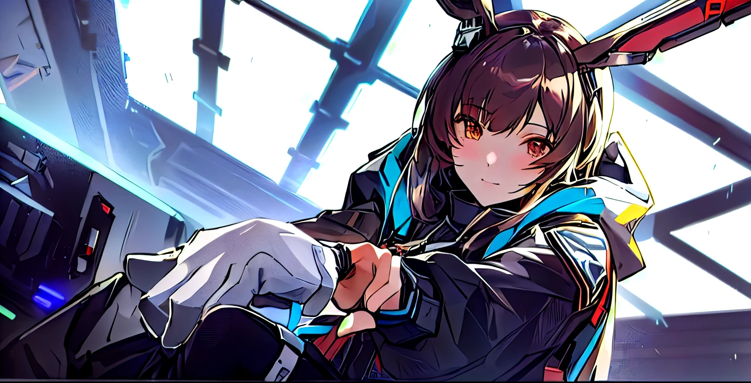 Anime girl with bunny ears pointing at something in the air, from Girls Frontline, from Ark of Tomorrow, Use your index finger, Fine details. Girls Frontline, A cyberpunk anime girl wearing a hoodie, Ark of Tomorrow, Pixiv competition winner, Girls Frontline style, Popular on Pixiv, Girls Frontline cg, Top rated on Pixiv, pixiv Popular, guys, Fleet Collection Style