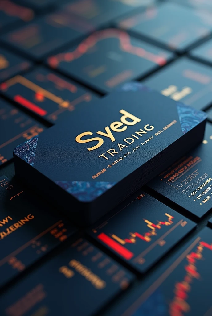 A stylish name on the card " syed trading " with candle stick and share market analytics with share market bull image