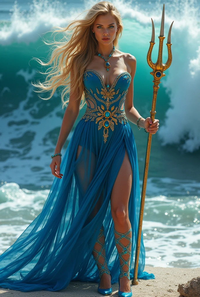Deep Sapphire blue and gold color theme, Sexy Australian ocean goddess, long lustrous dirt blonde hair, (very wavy hair, very long hair, windblown hair, hair with beach waves ), deep blue eyes, sparking dangerous eyes, sharp jawline, thin but hard mouth, (((broad shoulders, (((((massive breasts))))), tight waist, thicc butt and thighs))), (loose water-like blue dress adorned with coral and sapphires, blue high heels with aquamarine, blue lace stockings with teal wave designs, thin gold jewelry around her neck and wrists, water-inspired flowing gold/sapphire crown), gold metal gauntlets with blue wave art on them, ((wielding a massive gold trident studded with sapphires)), net-wrapped hilts, powerful goddess, standing before her throne of water in a shallow cove, powerful and sexy standing pose, goddess’s throne room in a remote ocean cove, very intricate and detailed background scene, waves of water springing up behind her, bending the waves to her will, inside a wave, highly detailed, goddess, powerful, sexy, real, incredibly realistic and hyper detailed fantasy art of a mythical goddess, close-up