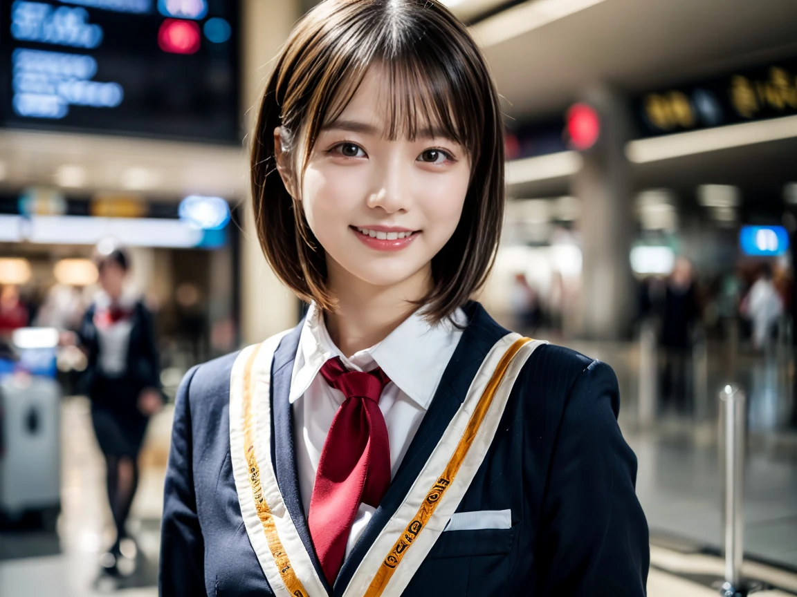 (elevation)(Stewardess Uniform)Mix 4,Very detailedな (8k, RAW Photos, 最high quality, masterpiece: 1.45), (Realistic, Realistic: 1.37), （Ultra-high resolution）（Textured skin）（Very detailed）（high quality）（最high quality）（First Person View）Cute Woman,smile ,airport,short hair