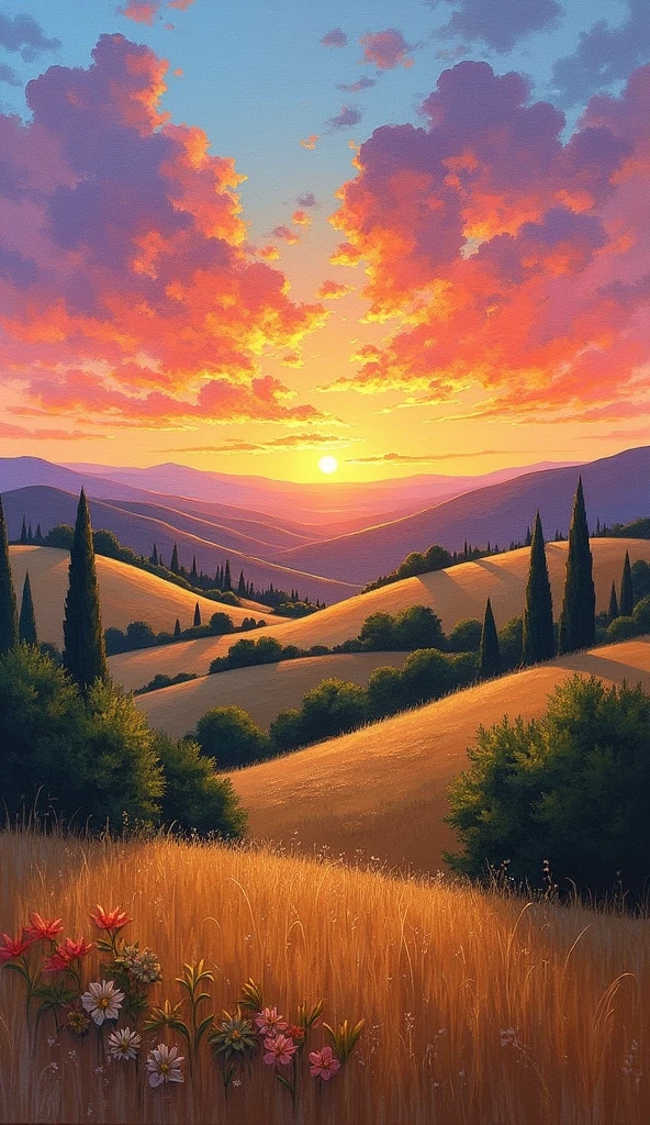 impressionist painting on canvas, sunset in Provence, in the style of impressionist masters, warm colors, delicate brushstrokes