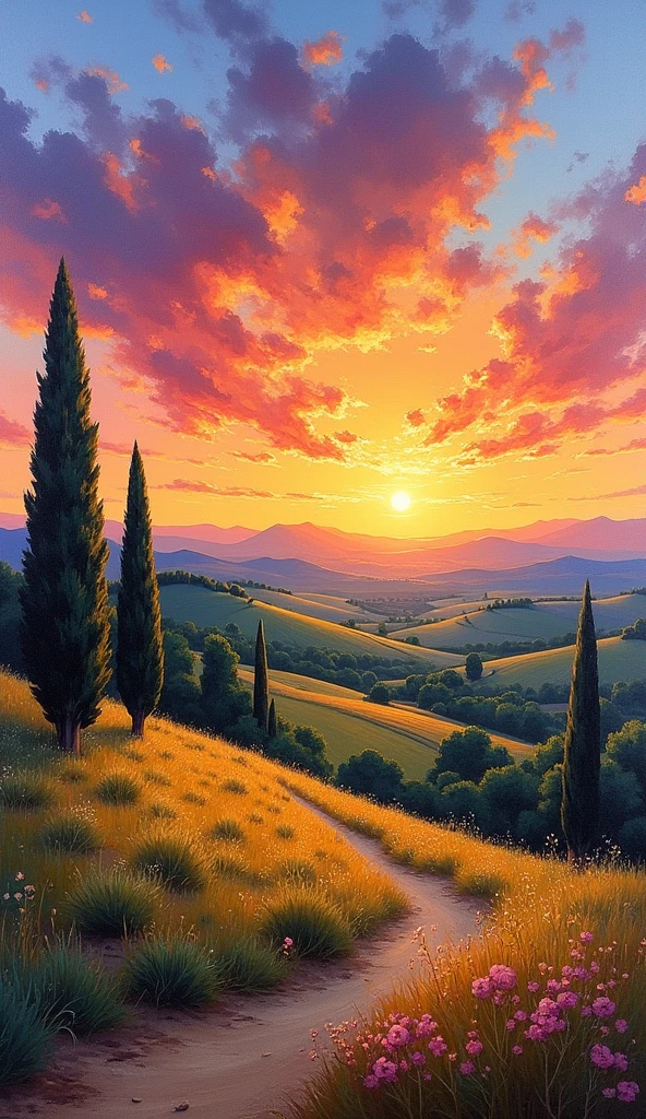 impressionist painting on canvas, sunset in Provence, in the style of impressionist masters, warm colors, delicate brushstrokes