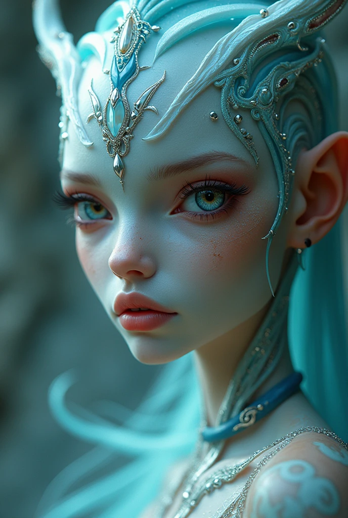 A stunningly exotic Elezen princess with ethereal alien features, her gentle elegance contrasts with her otherworldly essence. This captivating image is a digital painting, showcasing the princess with delicate features and iridescent skin that shimmers with an otherworldly glow. Every intricate detail of her alien beauty, from her mesmerizing eyes to her jewel-like complexion, is rendered with exquisite precision and depth. The image effortlessly blends fantasy and science fiction, drawing viewers into a richly imaginative world.