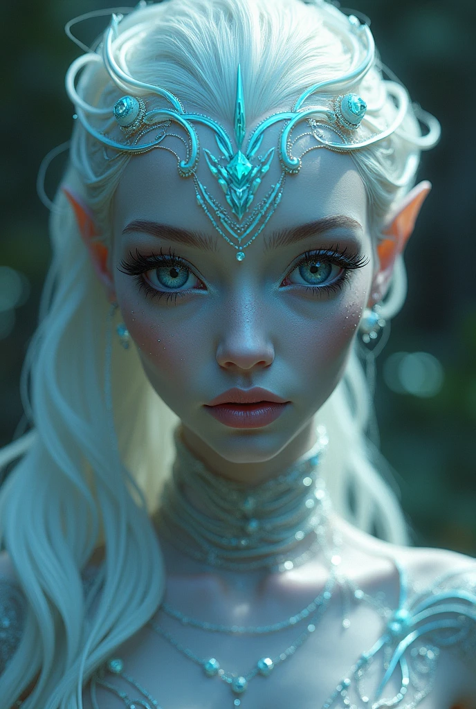 A stunningly exotic Elezen princess with ethereal alien features, her gentle elegance contrasts with her otherworldly essence. This captivating image is a digital painting, showcasing the princess with delicate features and iridescent skin that shimmers with an otherworldly glow. Every intricate detail of her alien beauty, from her mesmerizing eyes to her jewel-like complexion, is rendered with exquisite precision and depth. The image effortlessly blends fantasy and science fiction, drawing viewers into a richly imaginative world.