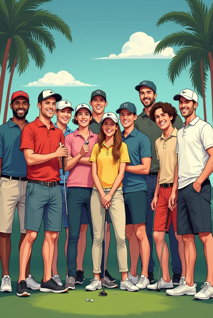 Indoor golf course competition Group photo of 10 men and women Wearing plain banner golf wear smile Line of sight Fun illustration style Golf is good ゴルフswingしてる Different orientations Real ドラコンcompetition Indoor shooting swing