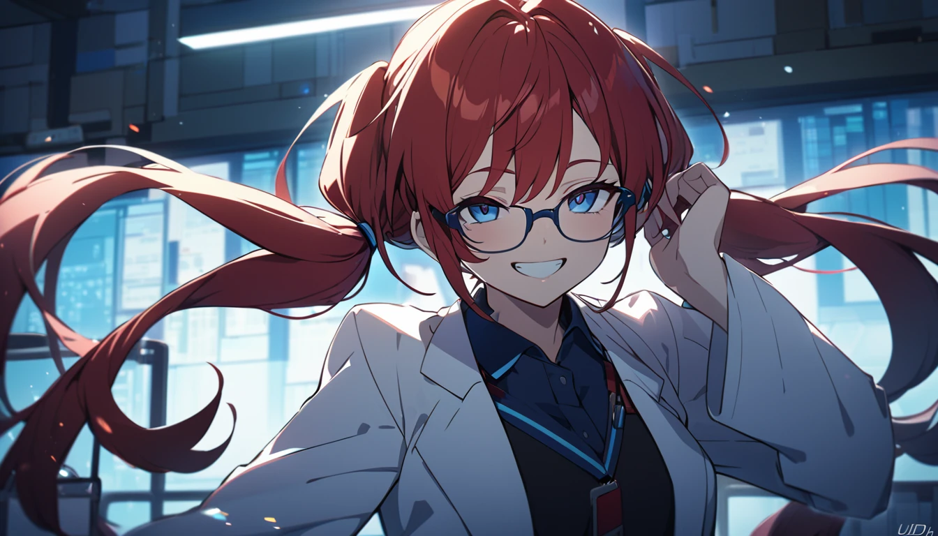 One Woman, Red and blue ombre hair, Twin tails、Slanted Eyes、Glasses、Smiling with teeth showing、lab coat, Laboratory、Dim lighting、anime, uhd