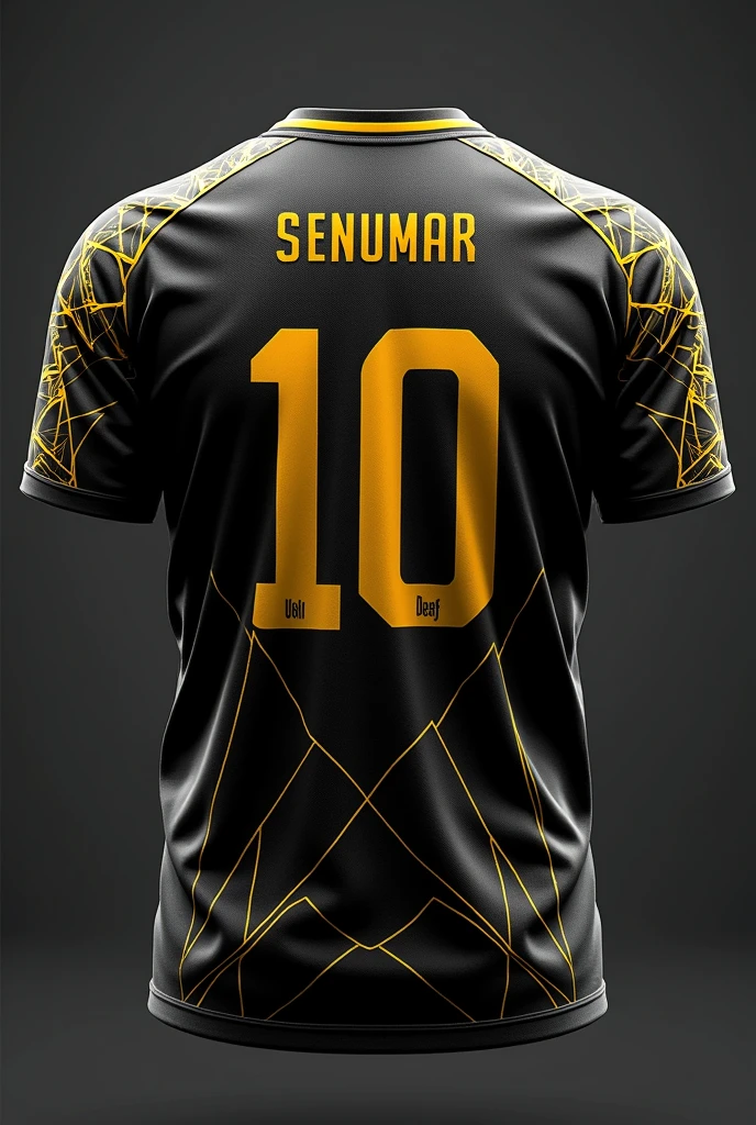 Create a sports jersey in black with intricate golden geometric patterns that form a futuristic, high-tech look. The design should be symmetrical, with sharp angles and lines that give the jersey a cutting-edge appearance. The sleeves should feature a continuation of the geometric design, seamlessly blending into the overall look. Add a bold golden player number on the front and back, ensuring a modern and sophisticated style