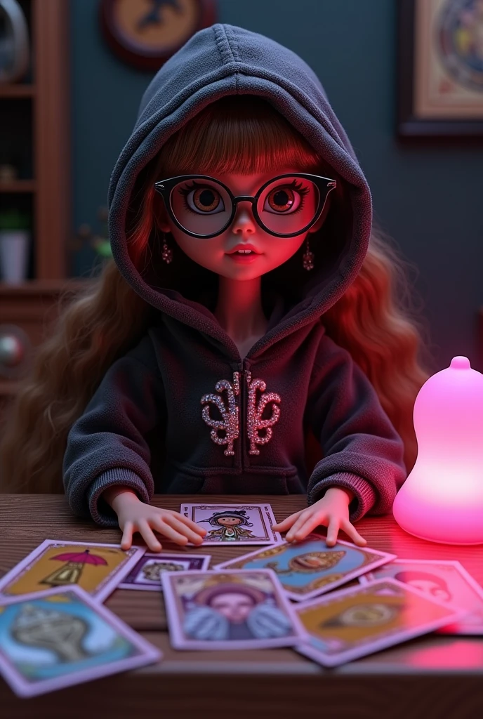 60 kg lady doll bratz in Big Bling Velour Hoodie , without bangs in round glasses with brown hair, in front of her on the a lot of tarot card table. There is a dark atmosphere around. There is a pink night light on the table that makes the room pink