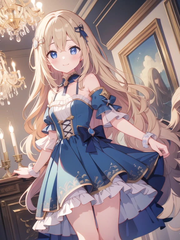 One girl, High resolution, masterpiece, alone, anime, Absurd, Detailed face, Perfect Eyes, （cute、、Blue Eyes、Long wavy blonde hair、smile）、Crystal Dress、A luxurious mansion with a chandelier