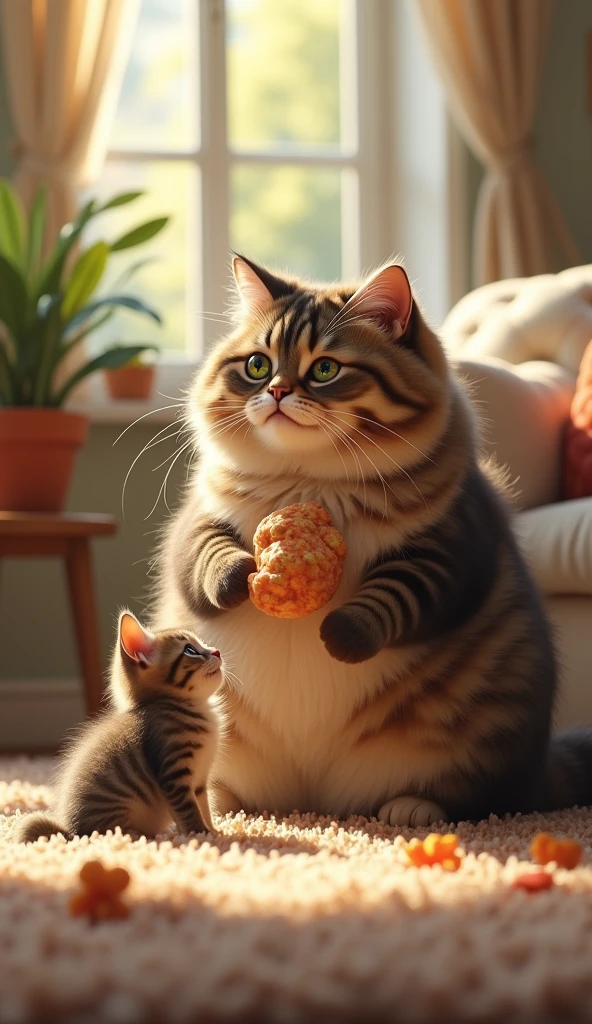  Fat cat brings a special treat for his kitten as a reward for a good day at school.