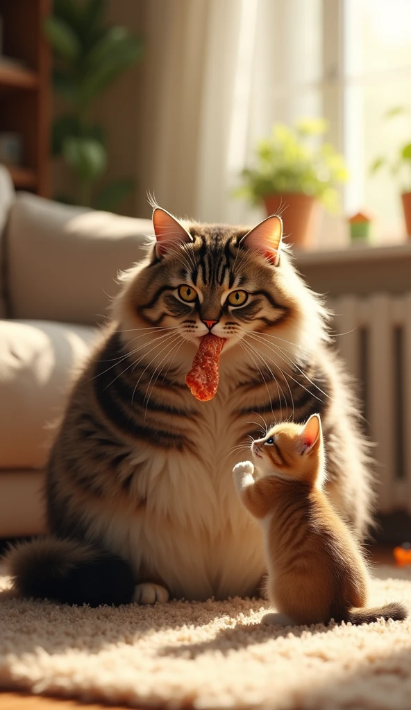  Fat cat brings a special treat for his kitten as a reward for a good day at school.