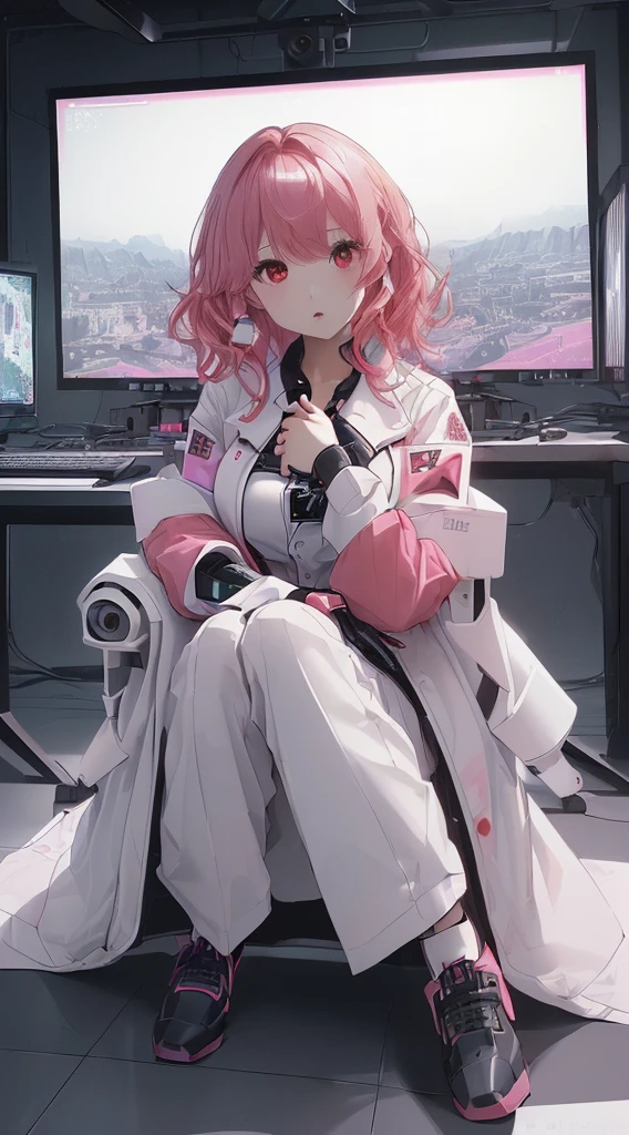 最high quality、Best image quality、masterpiece、With a girl((cute、1、Best Bust、Medium Bust、Bust 85,Problematic red eyes、Spread your chest wide,valley、Short bob with pink hair、Wavy Hair,Slender、White coat、Black button-up shirt、White pants、holding a coffee cup、Sit on a chair)high quality、Beautiful art、background((Cyber Laboratories,Many drones、Dark Room)),depth((Lots of monitors))Tabletop、Exquisite design、Visual Arts、Depth of written boundary、Being in the air、no gravity