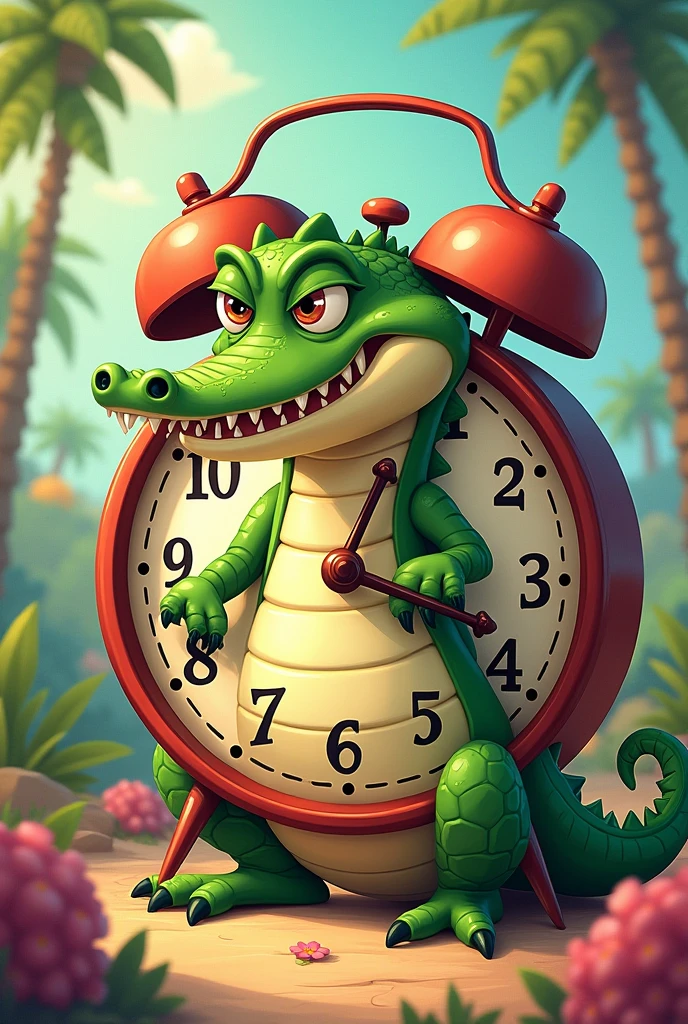 Cartoon of a clock with a crocodile inside simulating the hands of the clock