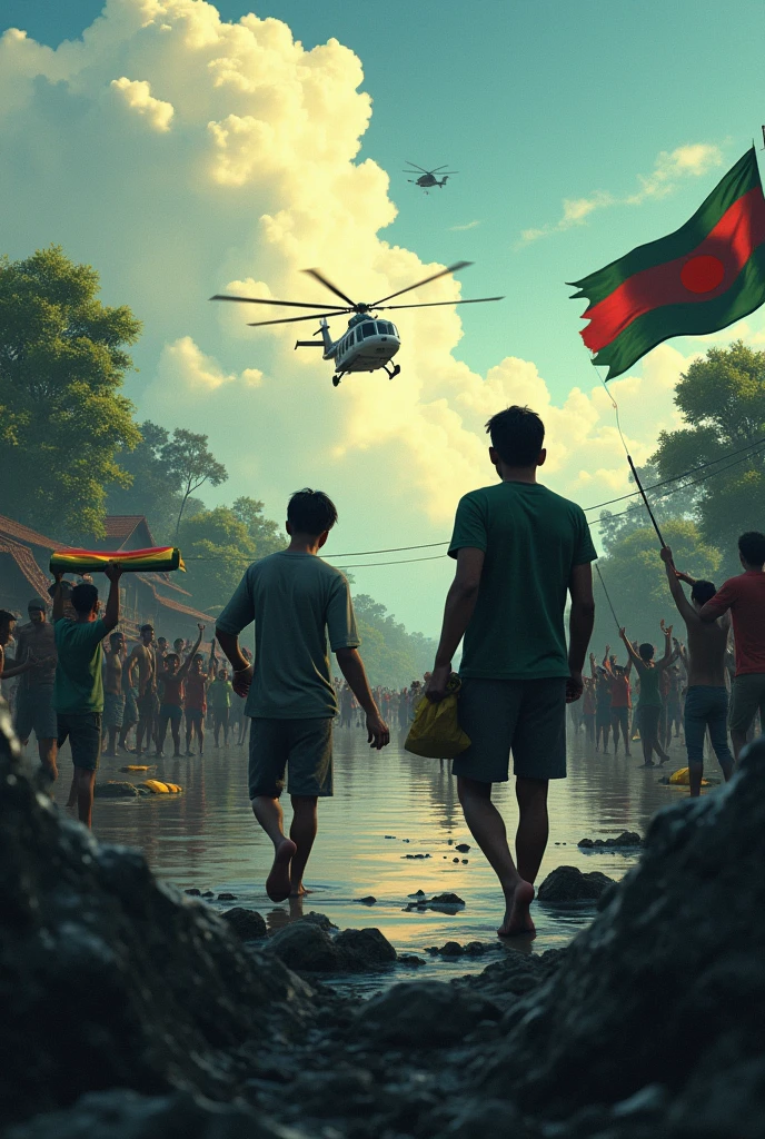 Some people Carrying muslim dead body but nowhere to burry due to flood in Bangladesh and waving bangladesh flag for help ,some people asking for food,in the sky helicopter are throwing fooding,pathetic ,animation