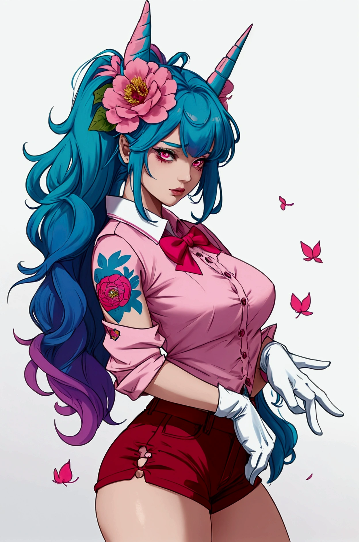 The monster woman has a large head with a long, pointed unicorn horn that is blue and green. Her hair is a mix of pink and blue and is styled in a way that makes it look like leaves. She has large, red eyes that are outlined in black and a small, pink mouth. Her skin is white and she is wearing a blue and white floral shirt, red shorts with a pink bow and blue buttons, and white gloves with flowers on them. She has a tattoo on her leg that is made up of flowers in different colors. Her wings are green and pink and are shaped like leaves. The background is yellow with white leaves.