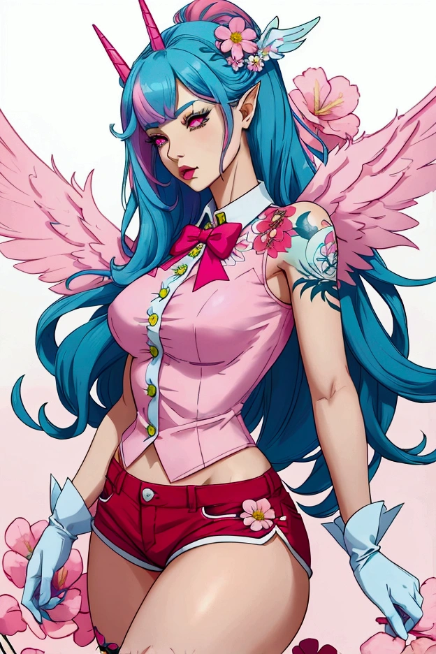 The monster woman has a large head with a long, pointed unicorn horn that is blue and green. Her hair is a mix of pink and blue and is styled in a way that makes it look like leaves. She has large, red eyes that are outlined in black and a small, pink mouth. Her skin is white and she is wearing a blue and white floral shirt, red shorts with a pink bow and blue buttons, and white gloves with flowers on them. She has a tattoo on her leg that is made up of flowers in different colors. Her wings are green and pink and are shaped like leaves. The background is yellow with white leaves.