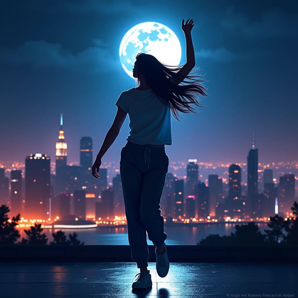 A woman wearing a t-shirt and sweatpants, Long Hair, Dancing, City of night, Beautiful night view as background, Spotlight, Beautiful lighting, Vibrant, full moon, Raise one hand high