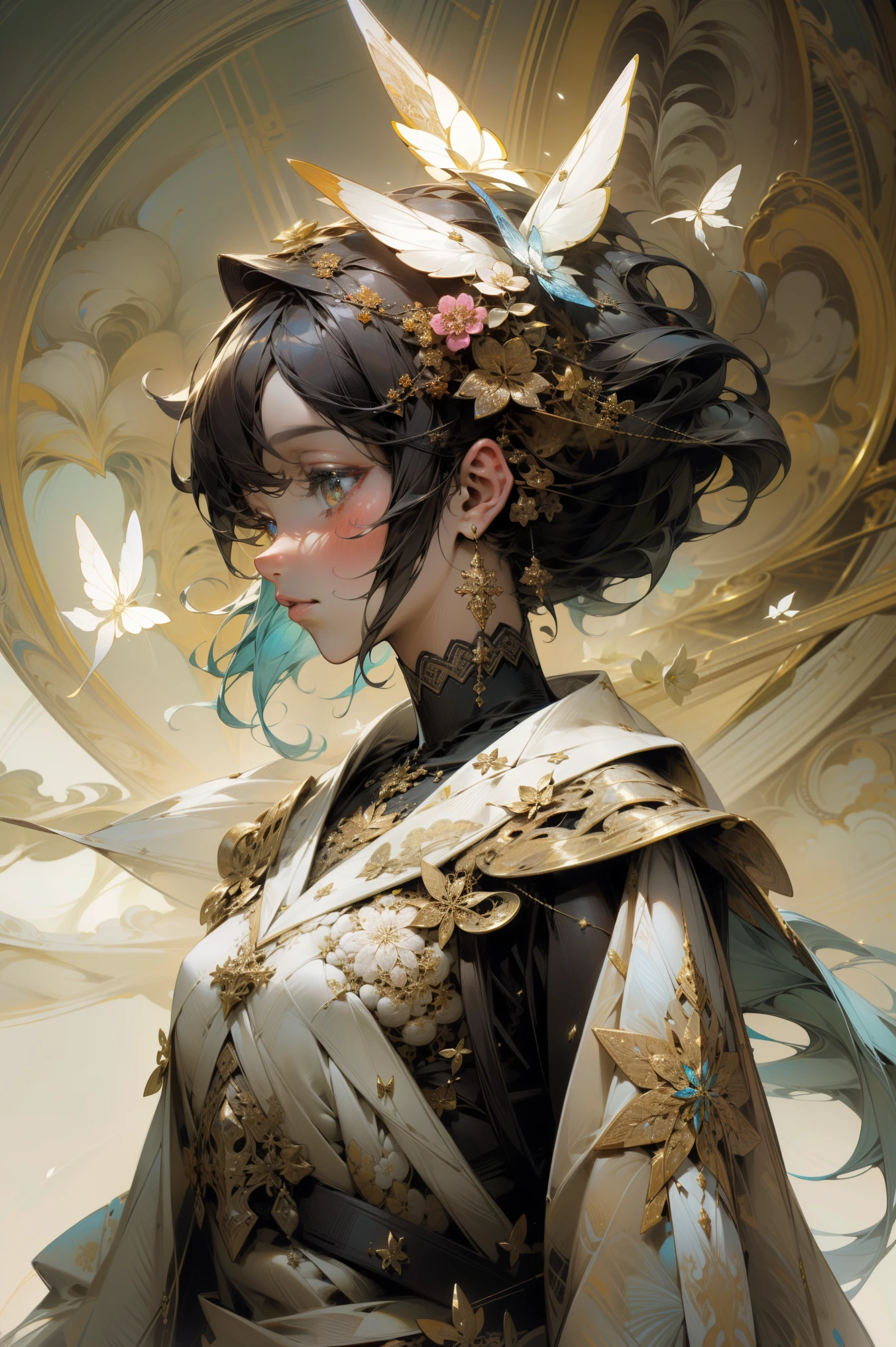 (masterpiece, top quality, best quality, official art, beautiful and aesthetic:1.2), (1girl), extreme detailed,(fractal art:1.3),colorful,highest detailed,upper body, [lace],[jewelry],[flower],[[butterfly]],