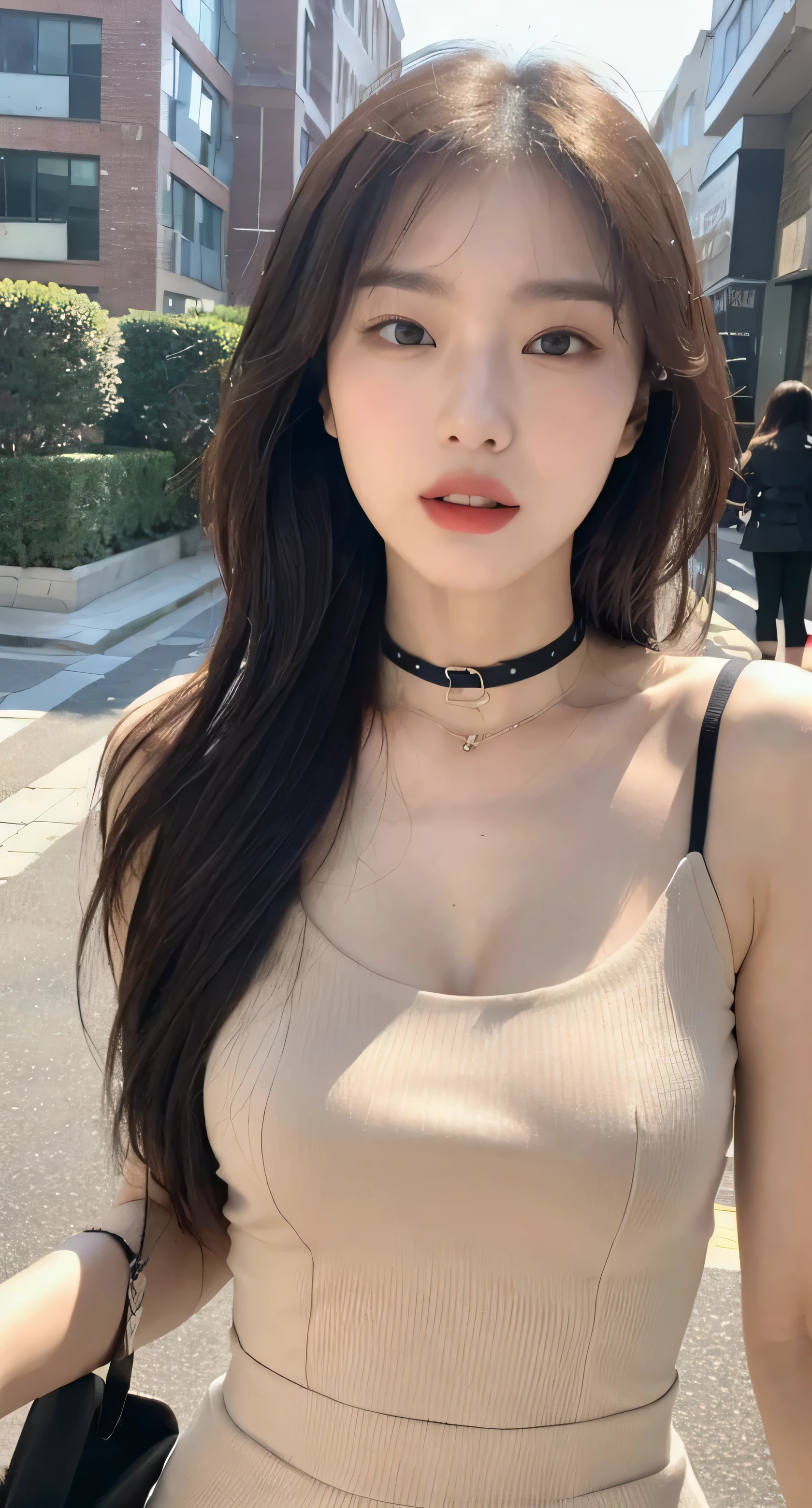 (1 Korean star with a cool and sophisticated style), ((best quality, 8k, masterpiece: 1.3)), focus: 1.2, perfect body beautiful: 1.4 , (Funny expression), (Night Street: 1.3), Highly detailed face and skin textures, beautiful eyes, double eyelids, Whitens skin, (Air bangs: 1.3), (round face: 1.5), (Thin strap top: 1.4),