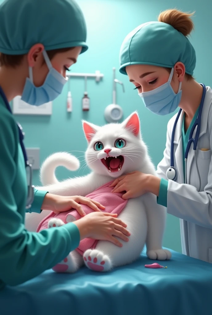 A white lady cat laying in hospital desk, doctor, nurse are around him, lady cat is crying for pain, Her eyes are filled with water, and her face shows a mixture of pain and determination as she prepares to give birth to a baby cat. Her body is tense, and she is focused on the task ahead.
