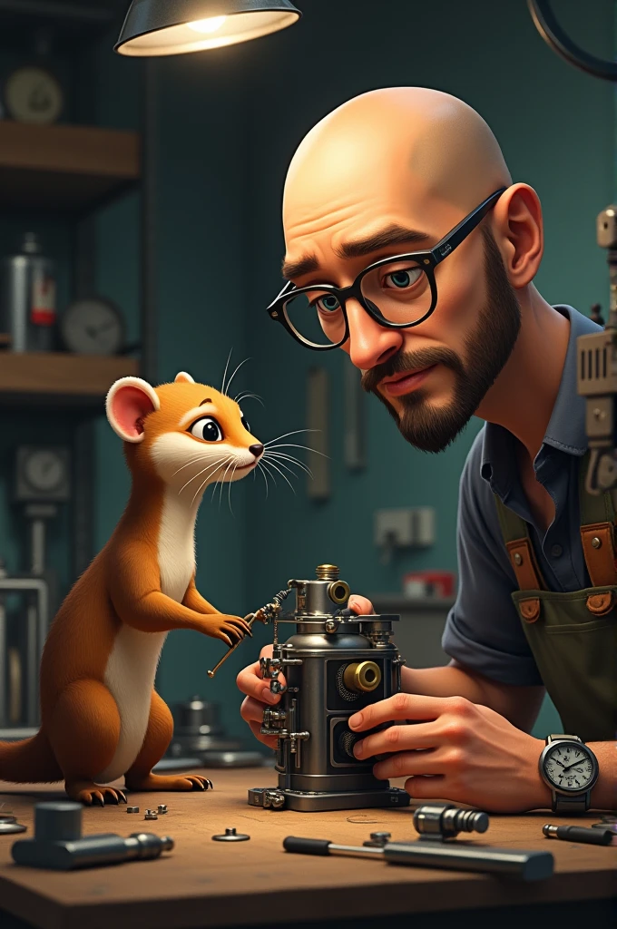 A weasel with a bald man wearing glasses, working on a pneumatic piston on a table