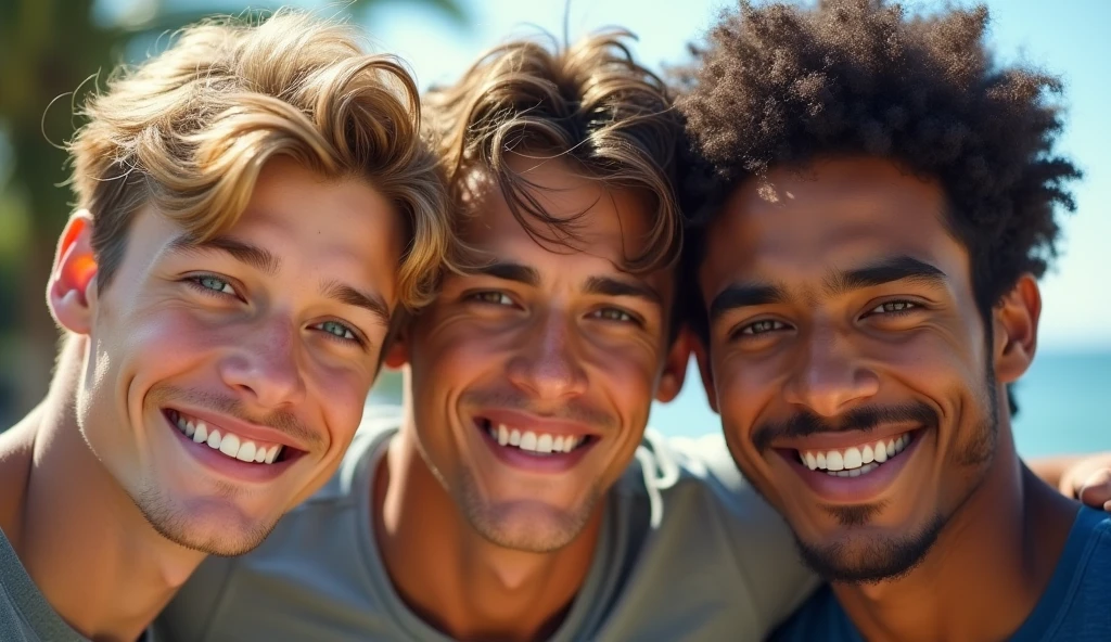 (no beard) 1 young German guy with blond hair and ice blue eyes with a height of 6'5, another young Russian guy with brown eyes and brown hair with a height of 6'1, an young Indian tan guy with brown eyes with a height of 6'2. All teen guys taking a selfie together, fully realistic, no blur, detailed. 