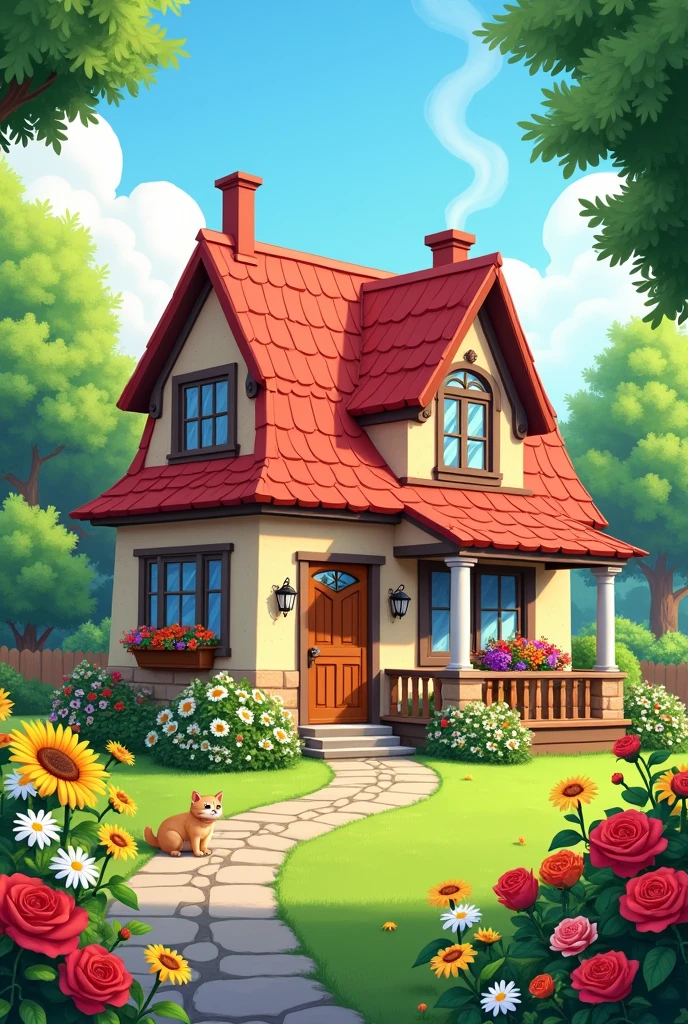 A cozy and colorful house with a sloping red roof that rises up into the blue sky the house is surrounded by a garden full of flowers of all colors red roses güira yellow suns and white daisies in front of the house there is a stone path that leads to the front door The door of the house is made of wood and has a small sign that says Welcome in large colorful letters next to the door there is a window with white chimes gently waving in the garden breeze you can see a cat sleeping peacefully under a bush and still a dog playing peacefully in the grass the house has two floors and several windows each one has a flower pot full of flowers on the right side of the house there is a terrace with a table and chairs where the family can sit to enjoy the fresh air of the garden views on the roof you can see some small chimneys with smoke coming out of one of them
