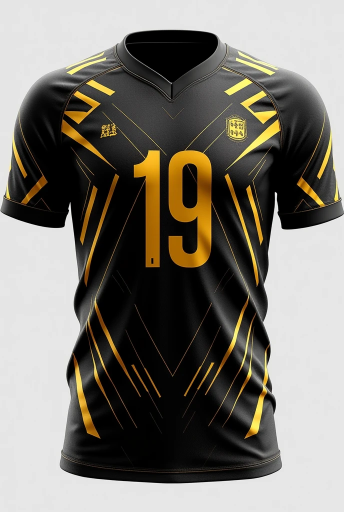 Create a sports jersey in black with intricate golden geometric patterns that form a futuristic, high-tech look. The design should be symmetrical, with sharp angles and lines that give the jersey a cutting-edge appearance. The sleeves should feature a continuation of the geometric design, seamlessly blending into the overall look. Add a bold golden player number on the front and back, ensuring a modern and sophisticated style