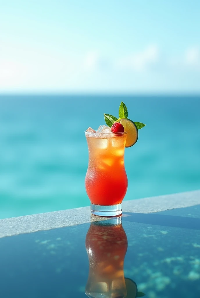 (photorealism:1.2), realistic photo of a cocktail placed on the edge of an infinity pool overlooking the ocean
